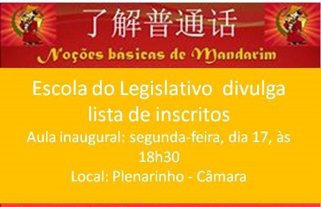 Imagem 1 da notícia: Escola do Legislativo divulga lista de inscritos para Curso de Mandarim