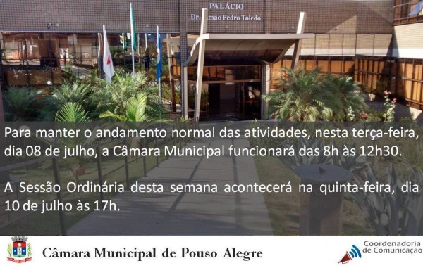 Imagem 1 da notícia: Horário de funcionamento da Câmara e Sessão