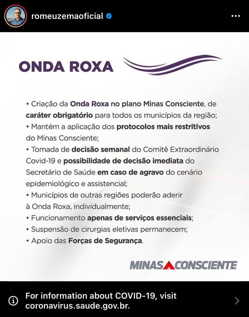Imagem 1 da notícia: Onda roxa deve valer para todo o Estado de Minas a partir da próxima quarta, 17