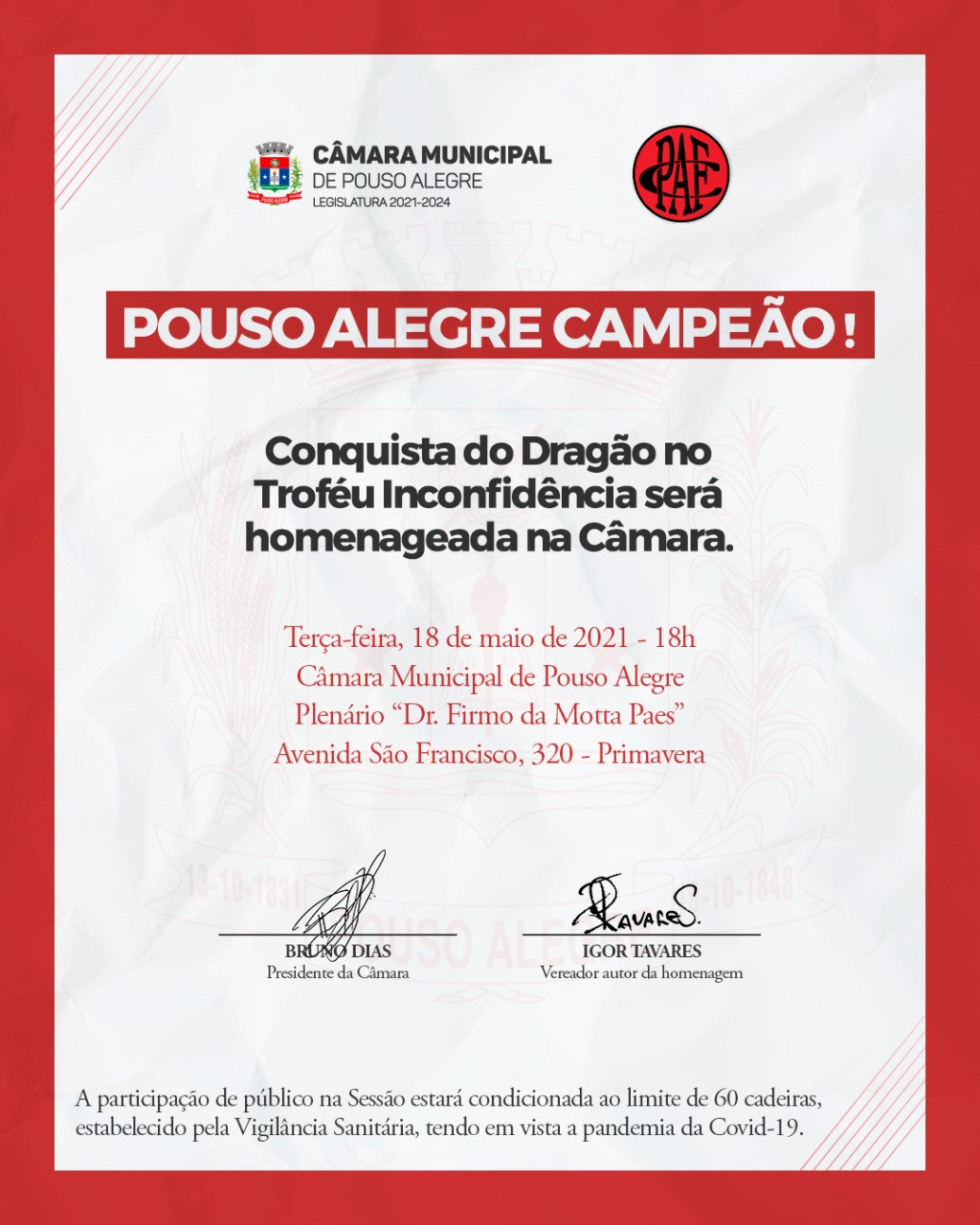 Imagem 1 da notícia: Pouso Alegre Futebol Clube será homenageado pela conquista do troféu da Inconfidência