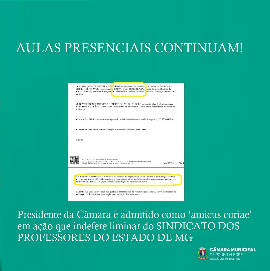 Imagem 1 da notícia: Presidente da Câmara é admitido como ‘amicus curiae’ em ação que indefere liminar do SINDICATO DOS PROFESSORES DO ESTADO DE MG para fechamento de escolas e justiça define que as aulas presenciais continuam