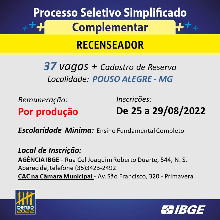 Imagem 2 da notícia: INSCRIÇÕES PARA RECENSEADOR EM POUSO ALEGRE PODEM SER FEITAS NO CAC