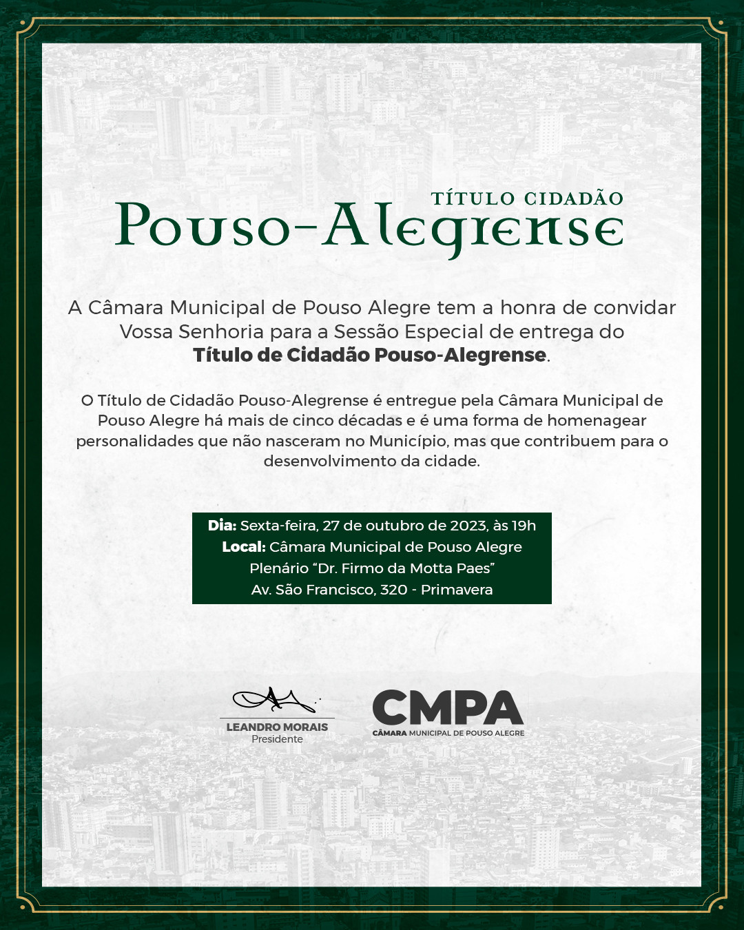 Imagem 1 da notícia: Câmara entrega Título de Cidadão Pouso-alegrense na próxima sexta-feira (27)
