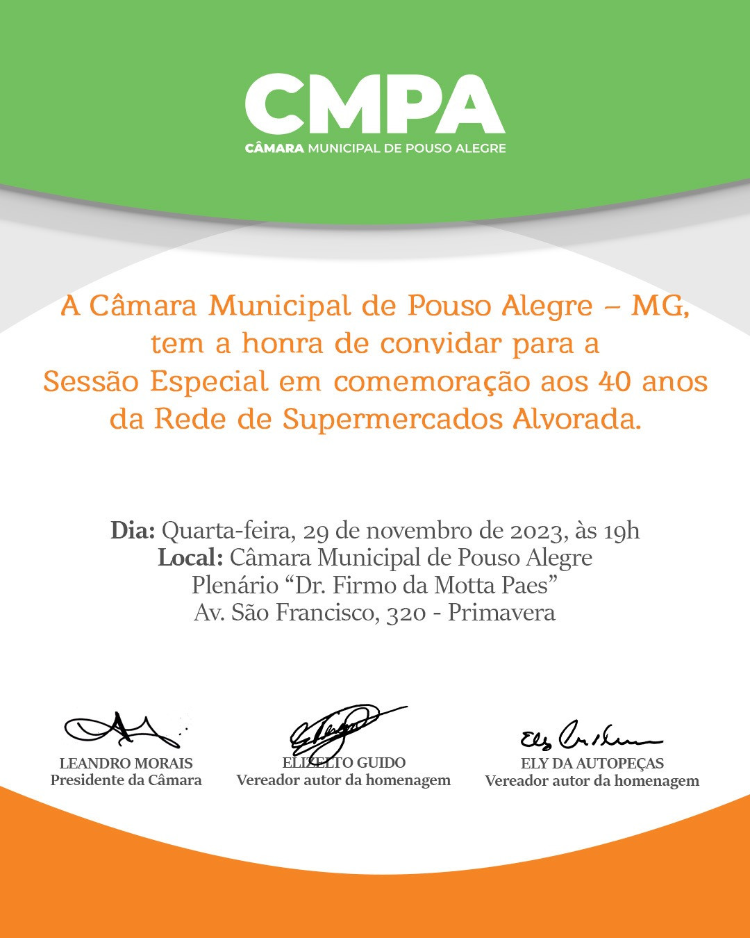 Imagem 1 da notícia: Câmara terá Sessão Especial em homenagem aos 40 anos da Rede de Supermercados Alvorada em Pouso Alegre