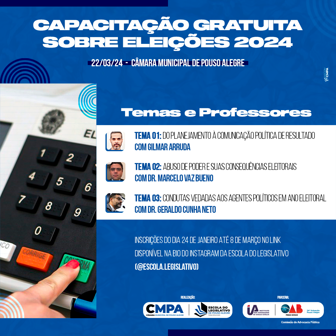 Imagem 1 da notícia: Câmara de Vereadores de Pouso Alegre promoverá capacitação gratuita sobre as Eleições de 2024