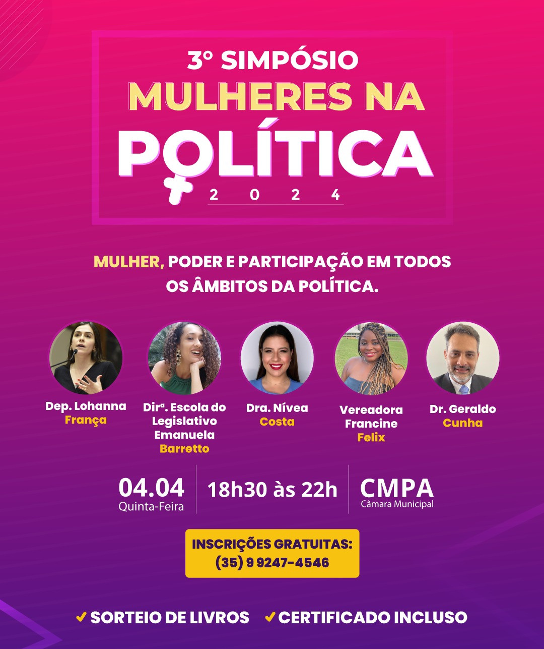 Imagem 1 da notícia: Câmara vai receber 3° Simpósio Mulheres na Política 2024