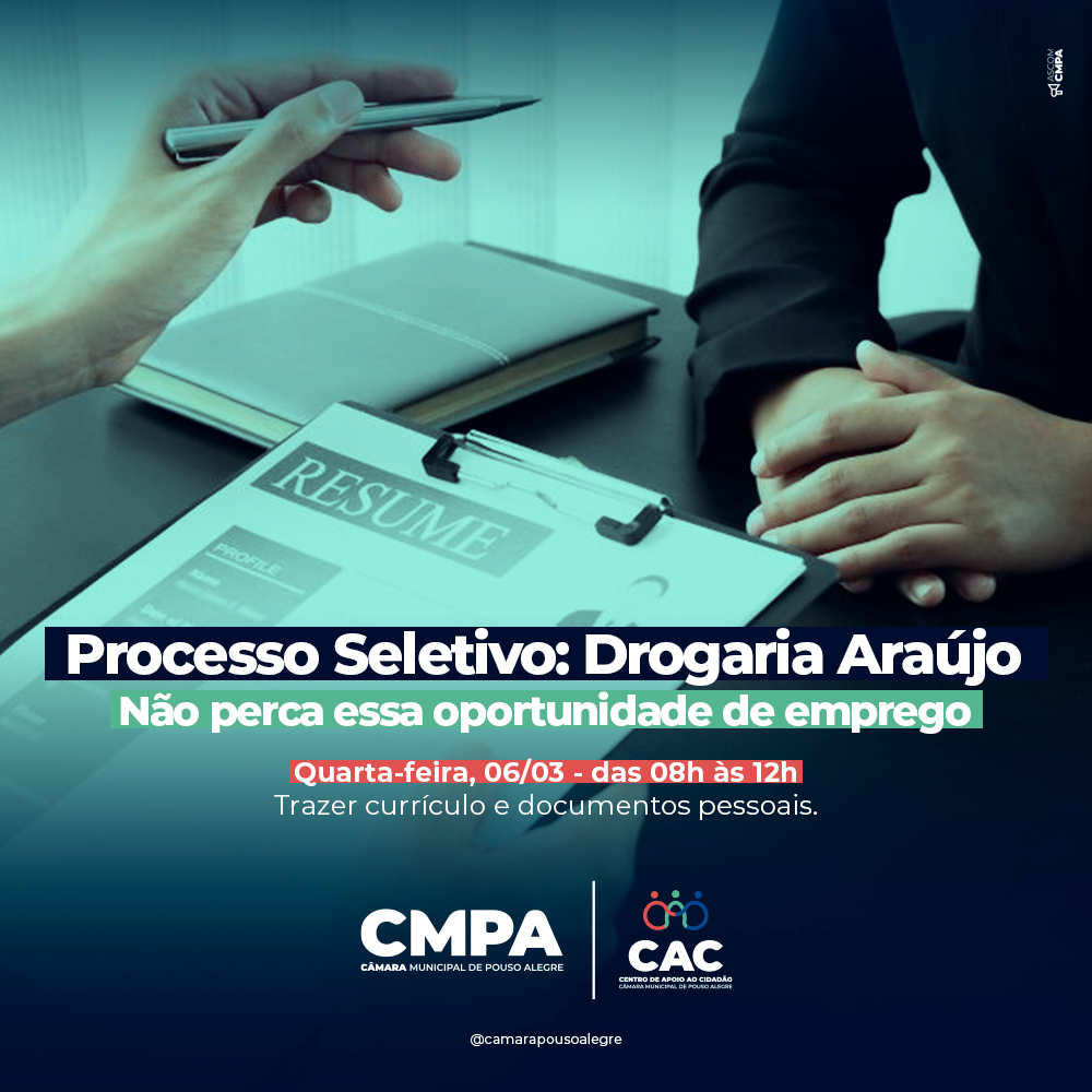 Imagem 1 da notícia: CAC da Câmara vai receber processo seletivo da Drogaria Araújo nesta quarta (06)