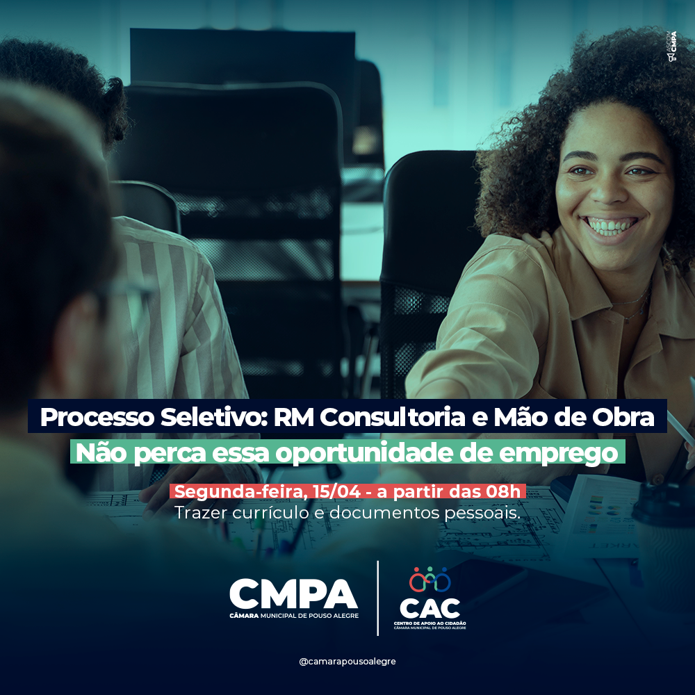 Imagem 1 da notícia: CAC da Câmara vai receber processo seletivo da RM Consultoria e Mão de Obras na próxima segunda (15)