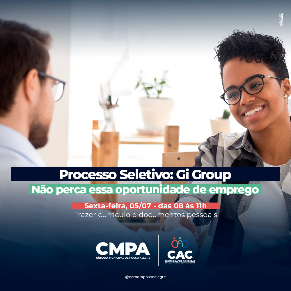 Imagem 1 da notícia: CAC da Câmara vai receber processo seletivo da Gi Group na próxima sexta (05)